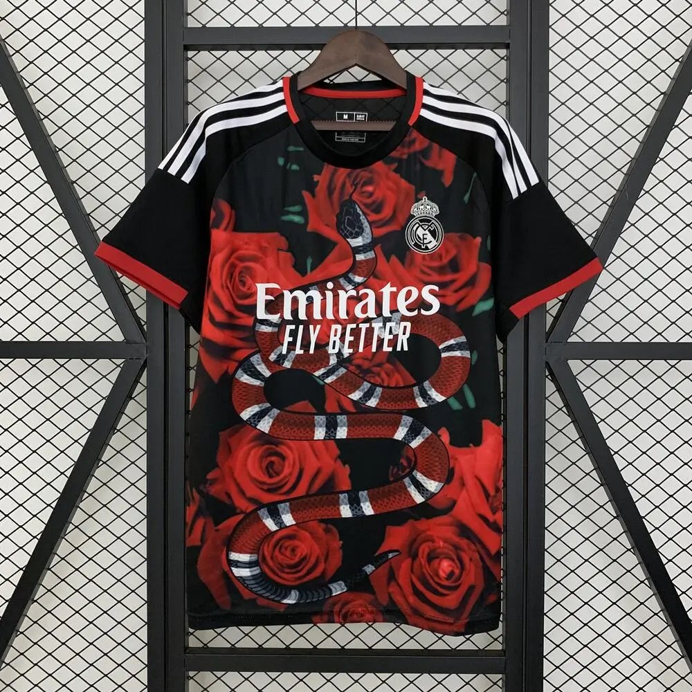Adidas Real Madrid Black Red Rose Snake Print Soccer Jersey