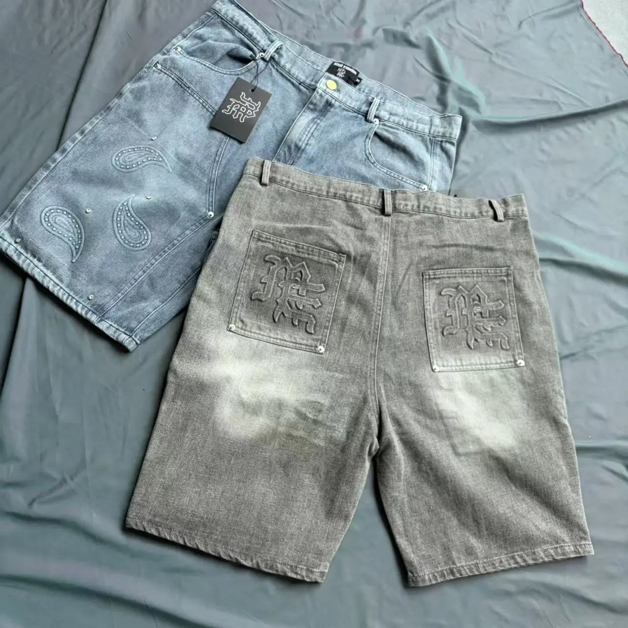 Mixed Emotion Shirts Short-sleeve denim button-up shirt with paisley embroidery and studs image 6