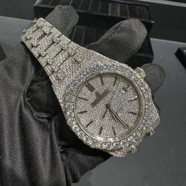 Luxury Ice Out Diamond Encrusted Silver Chronograph Watch
