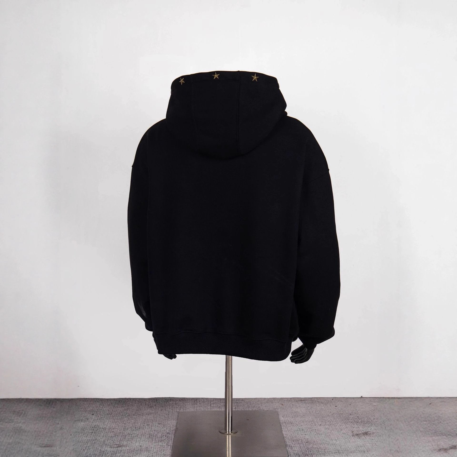 Black Hooded Sweatshirt With Gold Star Embellishments Oversized Streetwear