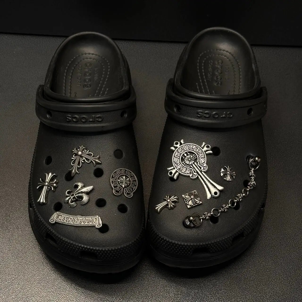 Crocs Classic Black Punk-Style Clog With Metal Charms