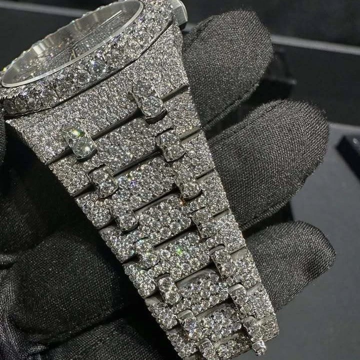 Luxury Ice Out Diamond Encrusted Silver Chronograph Watch