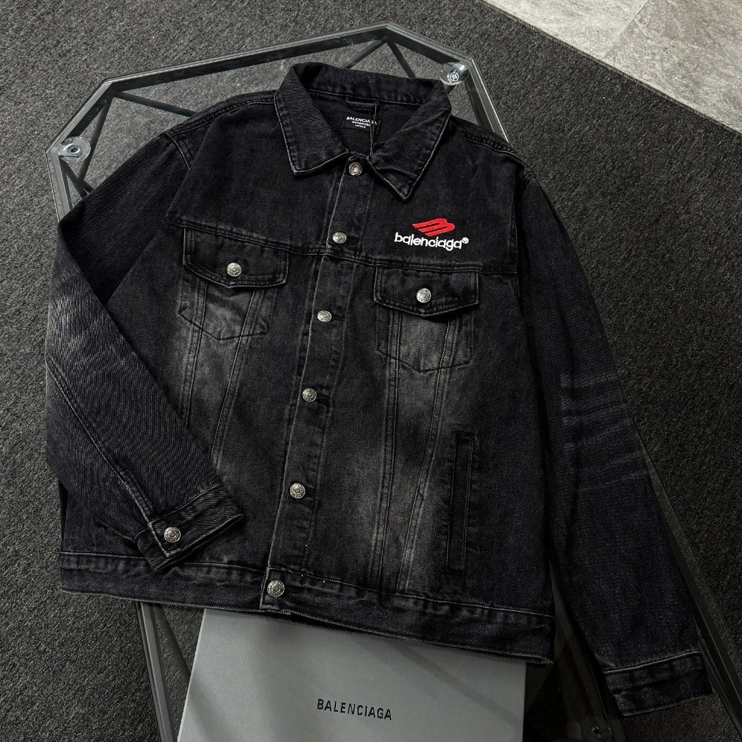 Balenciaga Denim Jacket Black Distressed Graphic Trucker