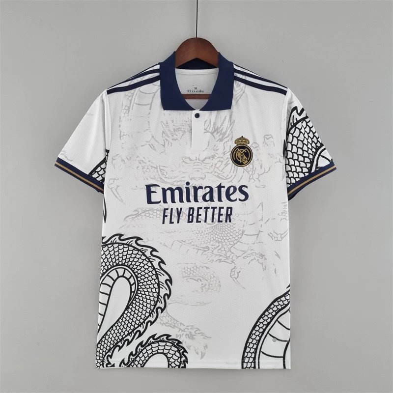 Unbranded Football Jerseys Club team designs — 2223 Real Madrid white dragon with a sapphire-blue collar