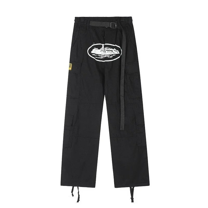 Black Cargo Pants with White Graphic Patch and Yellow Label Tactical Style