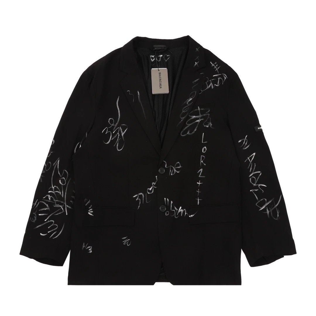 Black Oversized Blazer With White Graffiti Print Streetwear