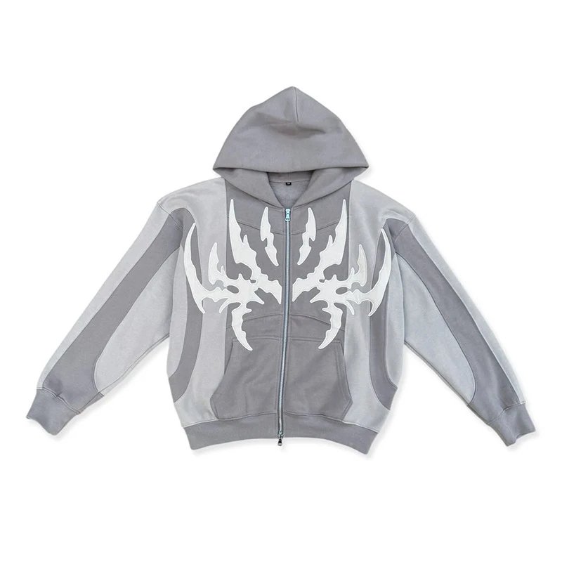 Gray Hooded Sweatshirt with White Tribal Graphic Patchwork Design