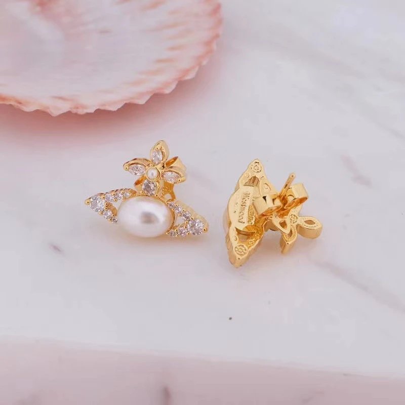 Gold Tone Pearl Flower Stud Earrings