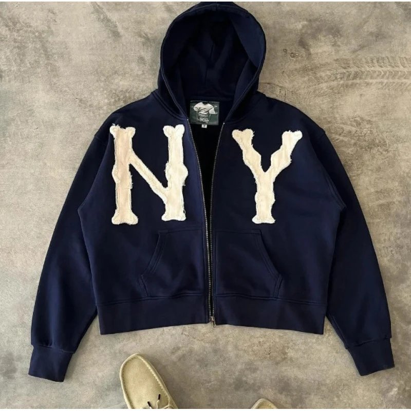 Unbranded Hoodies & Sweatshirts Full-Zip Hooded Sweatshirt with NY Letter Appliqué — Blue (customized)