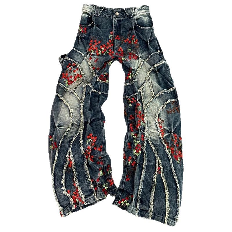 Denim Wide Leg Pants Dark Blue Embroidered Floral Distressed