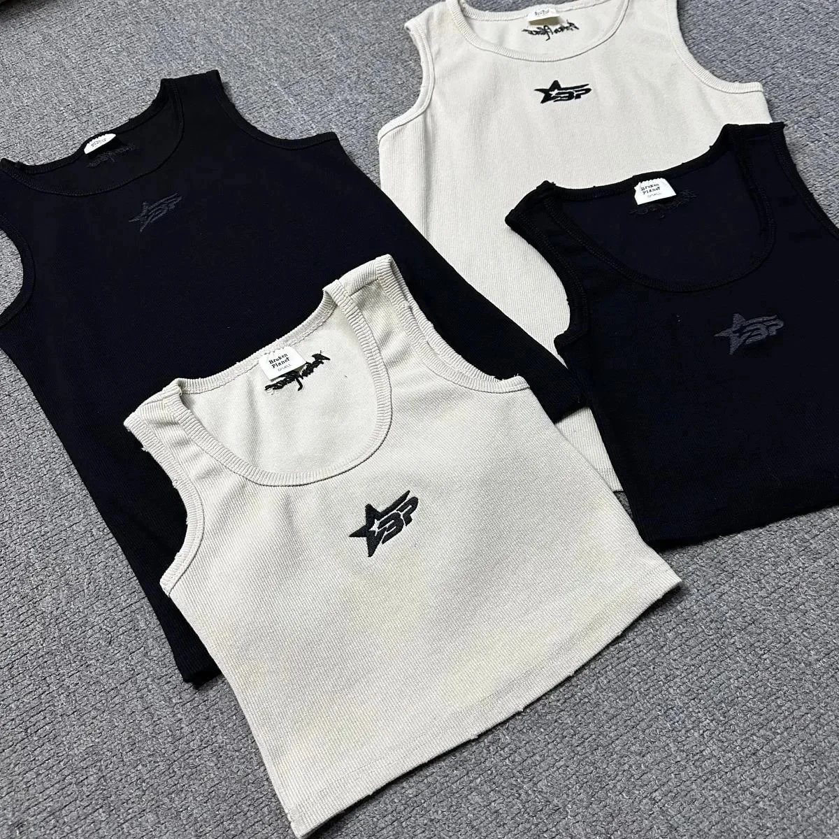 Broken Planet Ribbed Crop Tank Top Black And Beige Star Logo