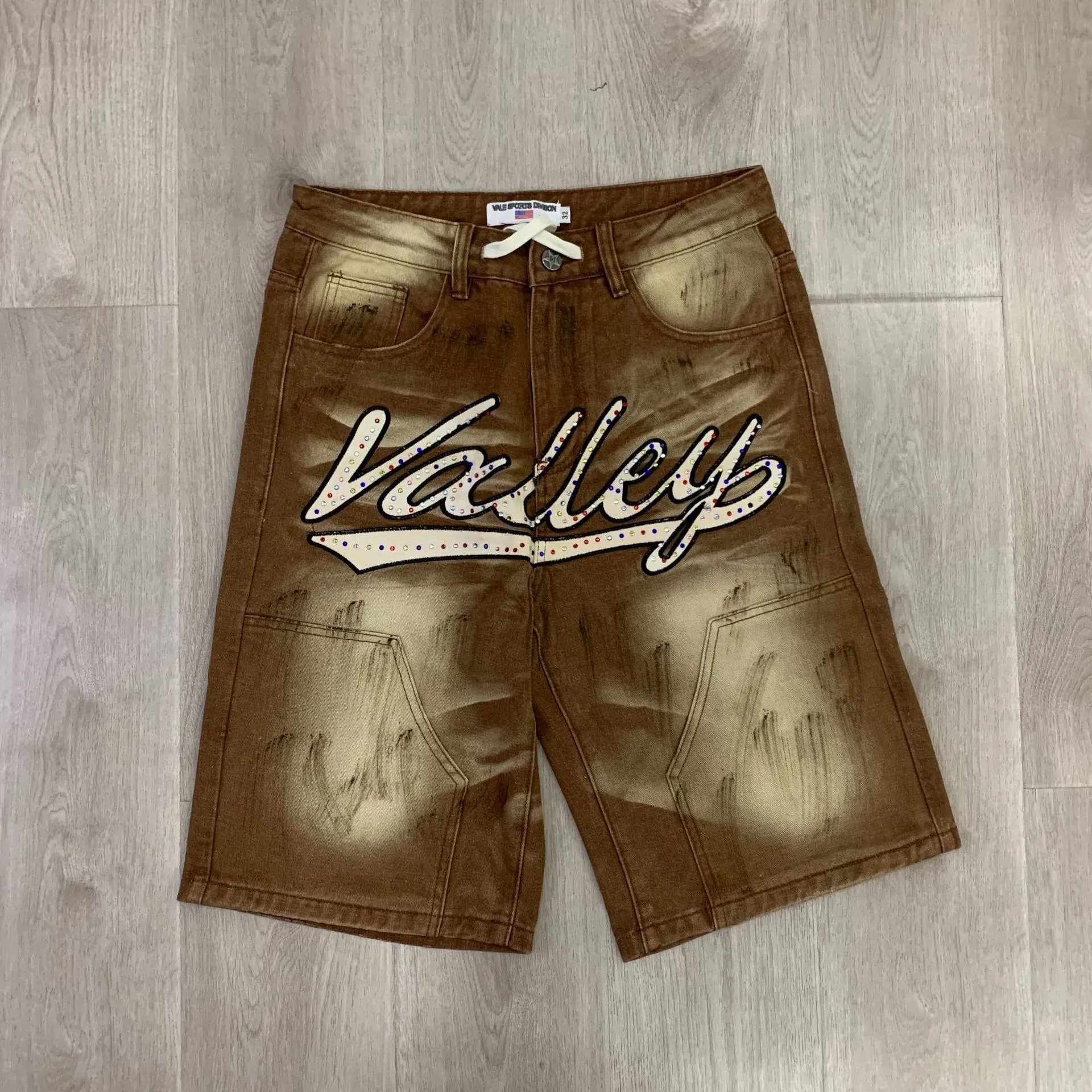 Valley Distressed Denim Shorts Brown Off White Olive Streetwear