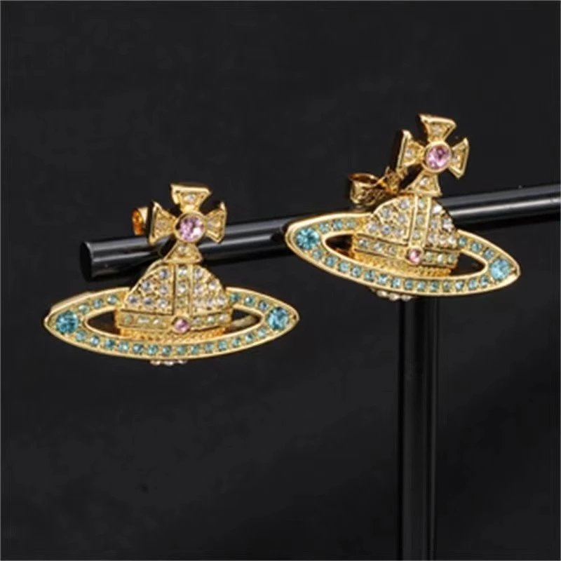 Vivienne Westwood Orb Gold Blue Pink Crystal Earrings