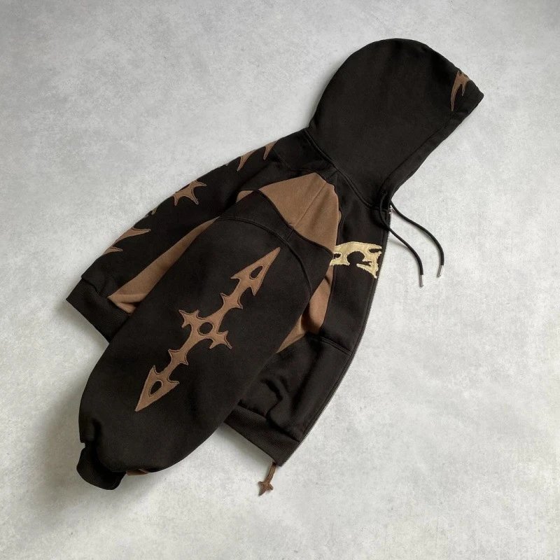 Black Brown Tribal Embroidered Zip-Up Hoodie