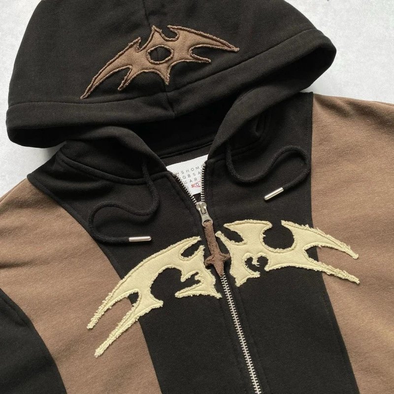 Black Brown Tribal Embroidered Zip-Up Hoodie