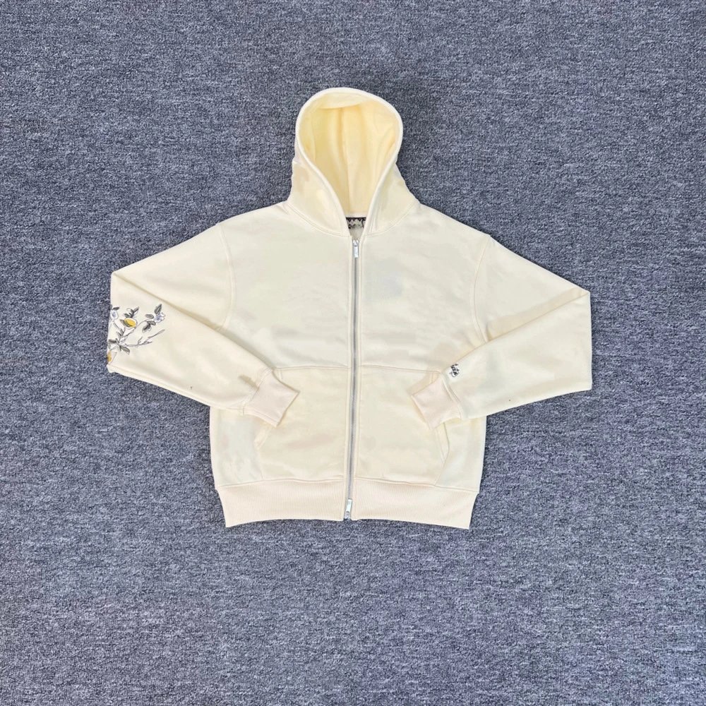 Cream Full Zip Hoodie with Floral Embroidery Casual Sweatshirt