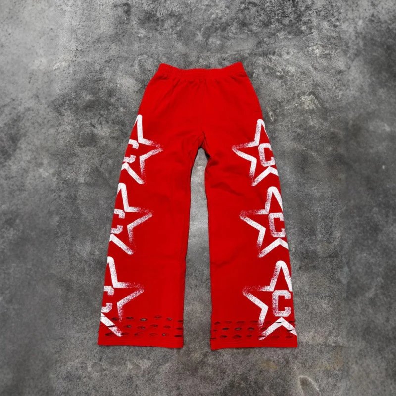 Pink Star Print Distressed Sweatpants Casual