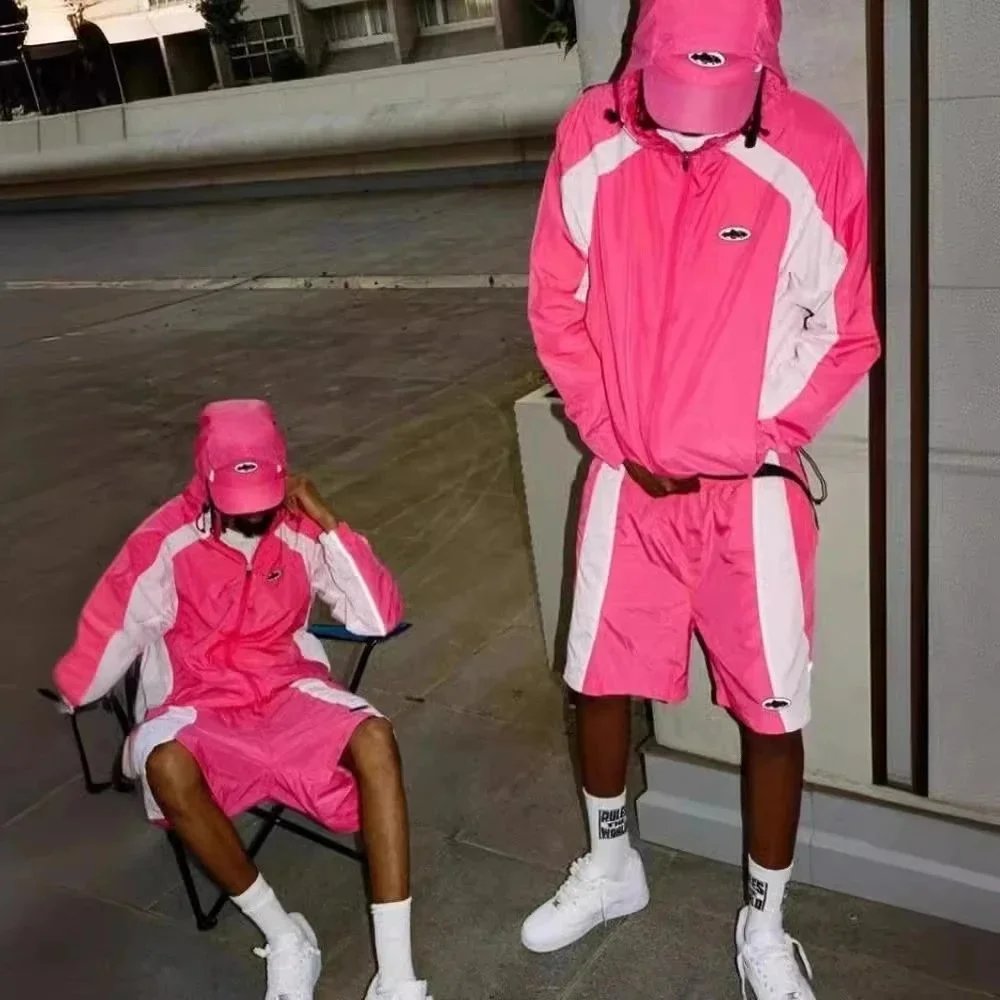 Pink Windbreaker Jacket And Shorts Set Neon Pink Sporty Track Suit