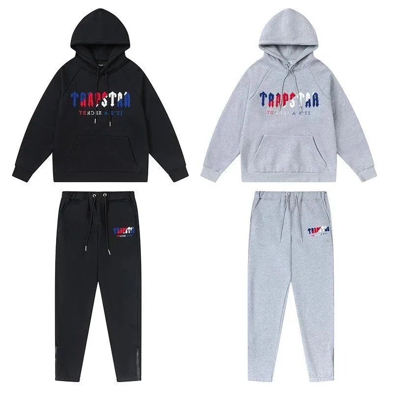 Trapstar Graphic Hooded Sweatshirt And Jogger Set Gray Black Streetwear