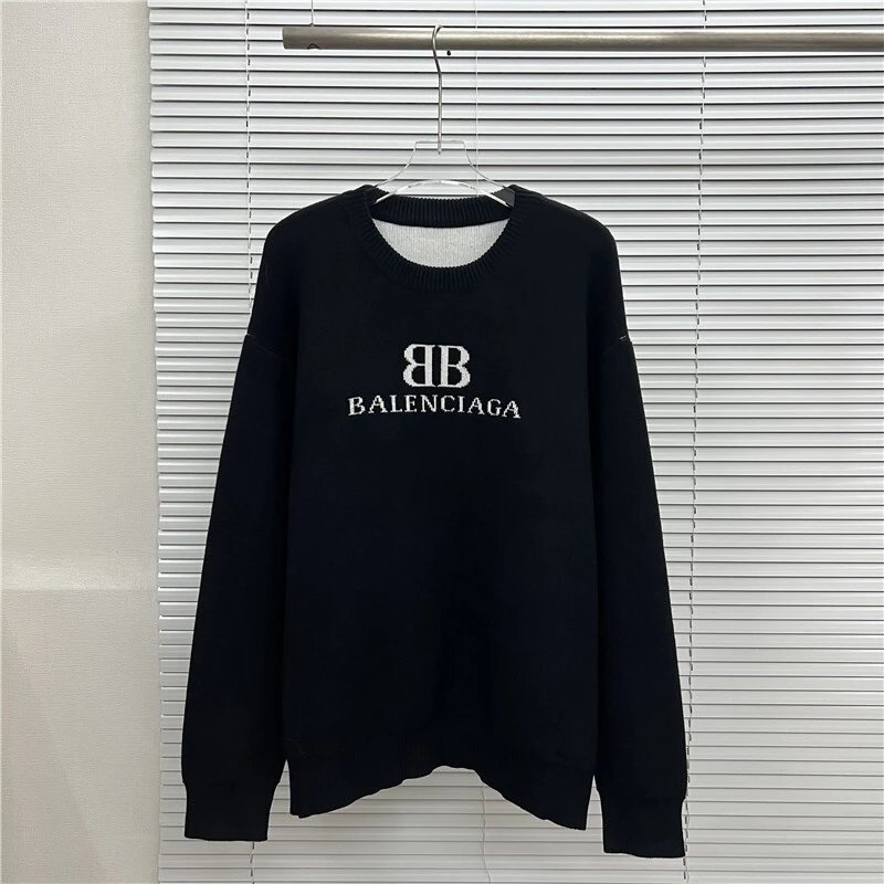 Balenciaga Logo Embroidered Black Gray Crewneck Sweater