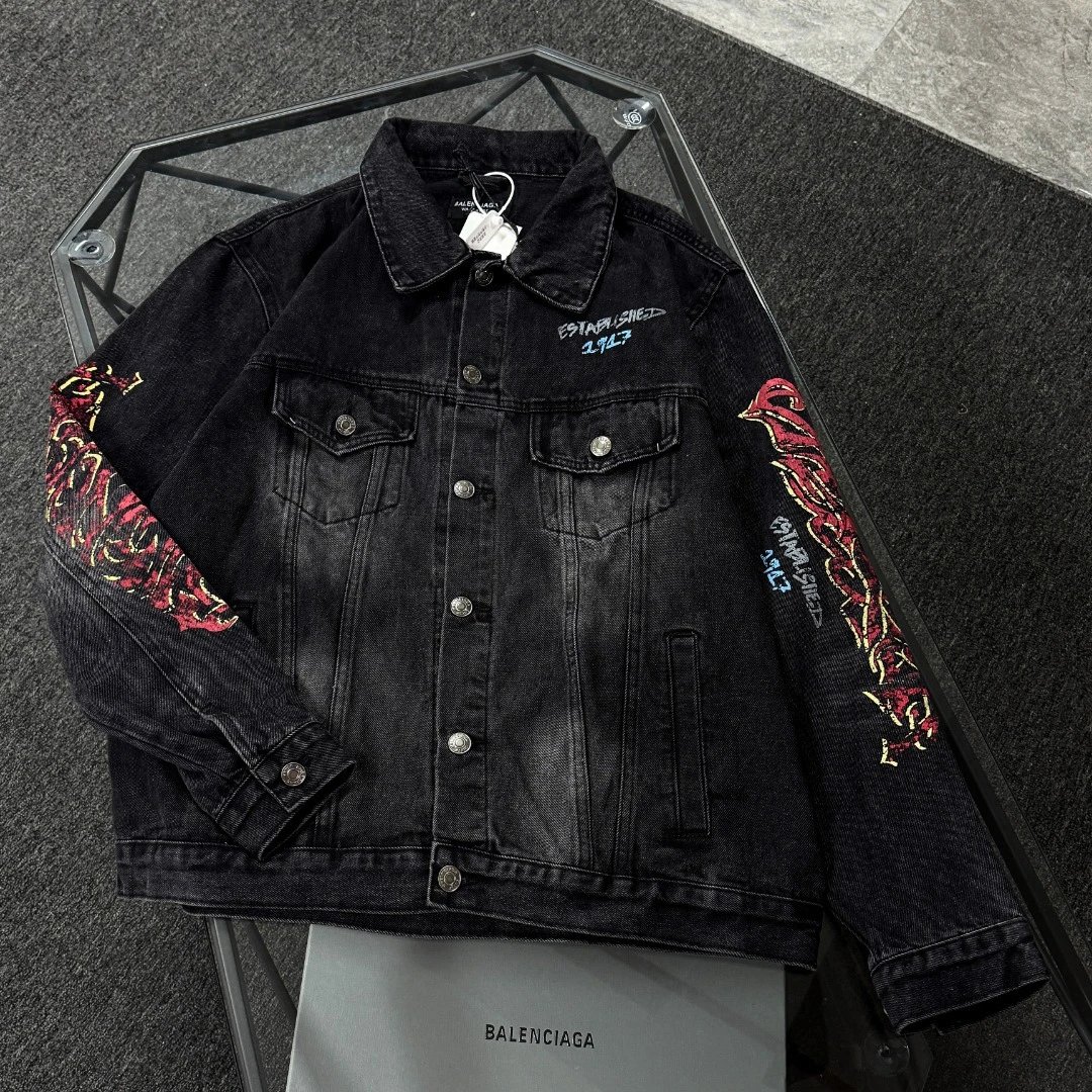 Balenciaga Denim Jacket Black Distressed Graphic Trucker