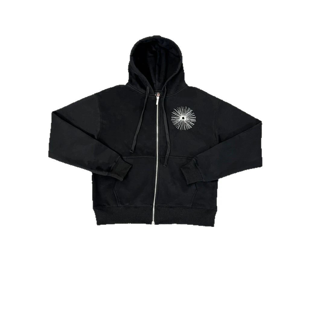 Black Hooded Sweatshirt With Religious Embroidery Graphic Artistic