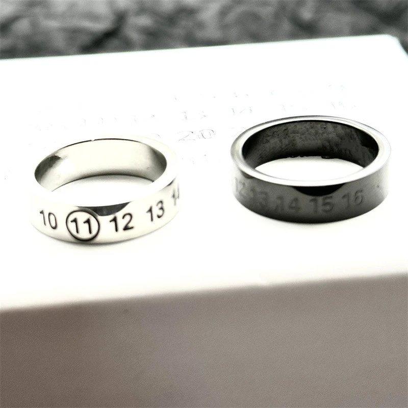Stainless Steel Number Engraved Ring Silver Black Minimalist Band