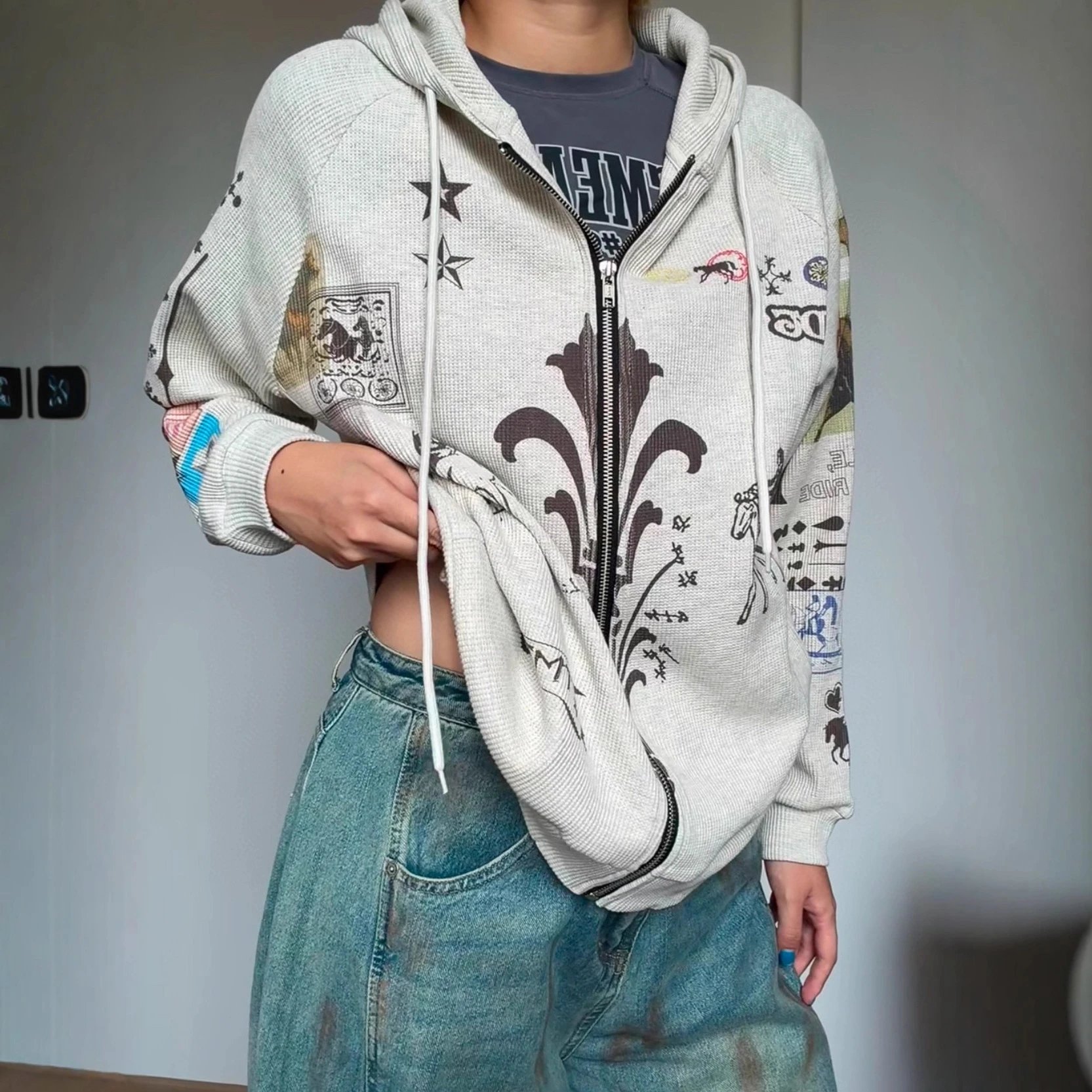 Waffle Knit Zip-Up Hoodie Light Gray Graphic Streetwear