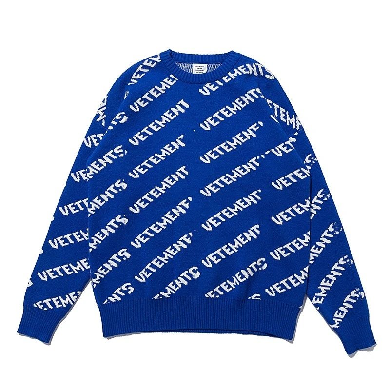 Vetements Logo Print Royal Blue Oversized Knit Sweater