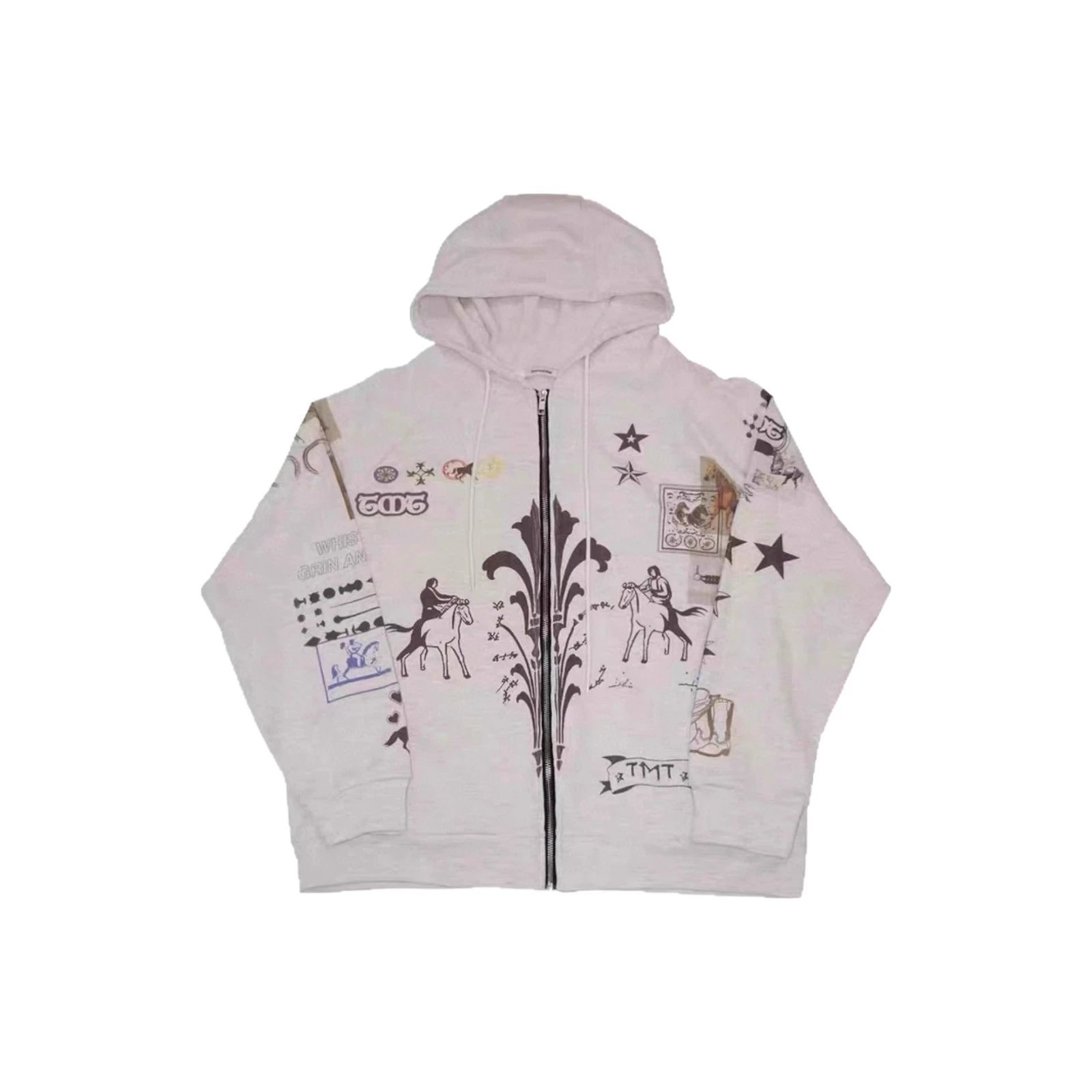Waffle Knit Zip-Up Hoodie Light Gray Graphic Streetwear