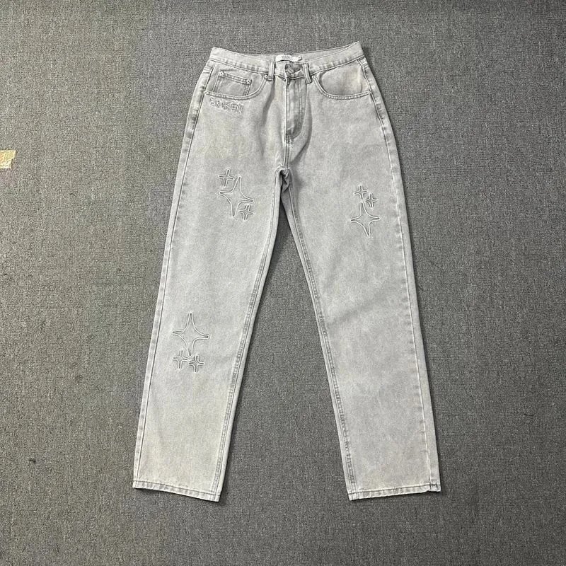 Black Denim Jeans with Star Embroidery Distressed Style