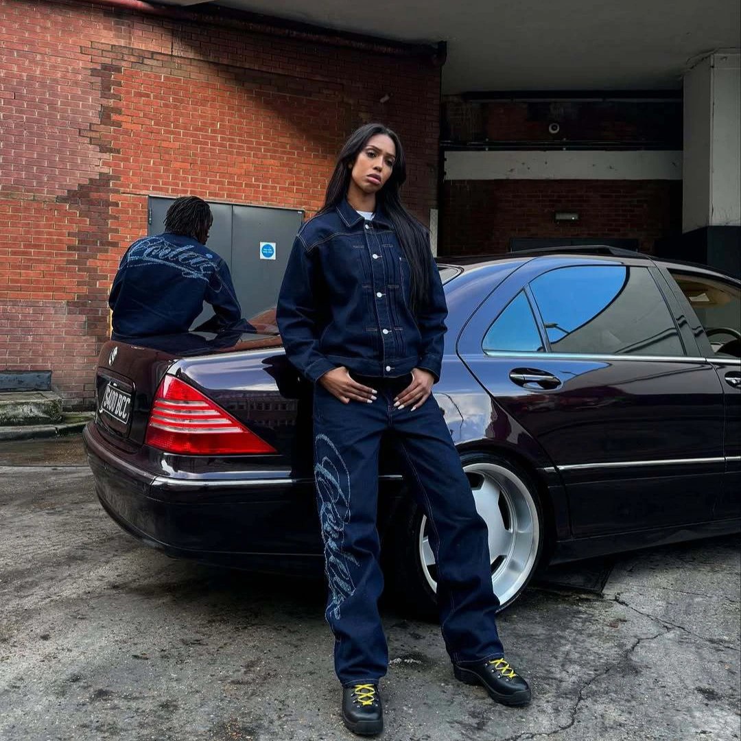 Denim Straight Leg Dark Blue Embroidered Jeans