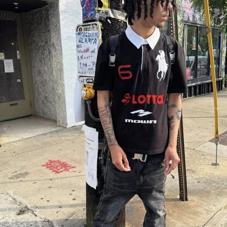 Black Polo Shirt with Red Number 6 and Logo Print Streetwear