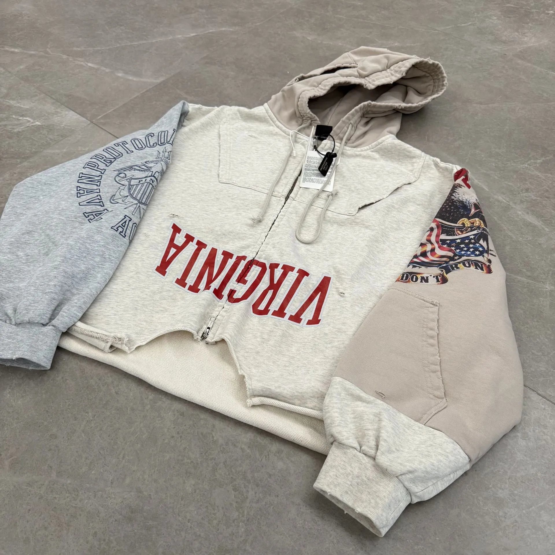Virginia Hooded Zip-Up Gray Beige Patchwork Streetwear Sweatshirt