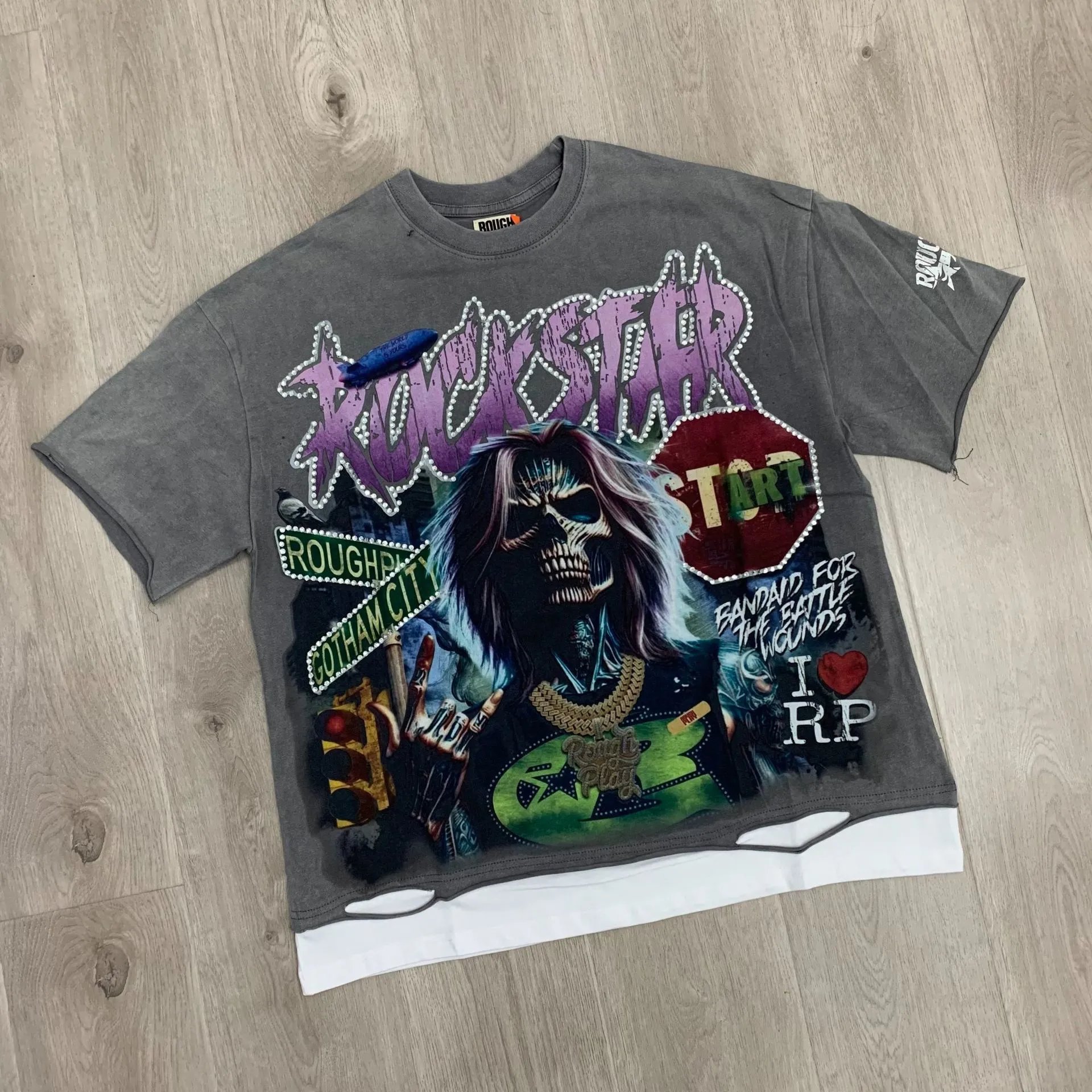 Rough Play Rockstar Gray Distressed Graphic T-Shirt