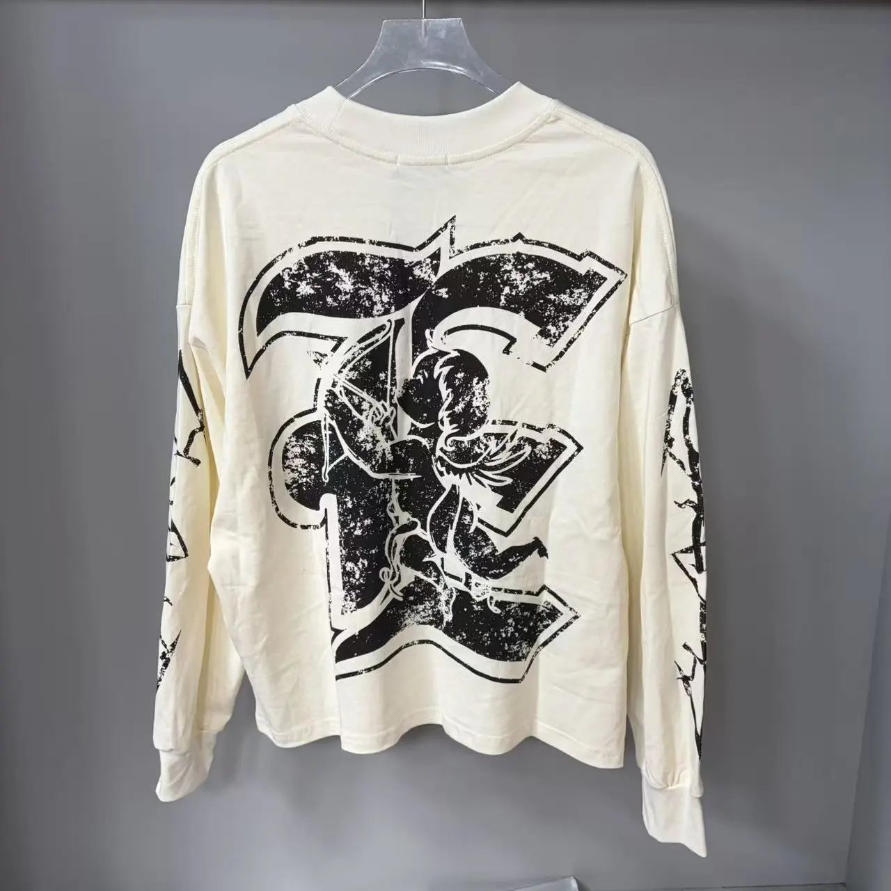 Off White Long Sleeve Cream Graphic Distressed Tee