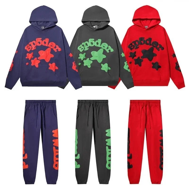 Sp5der Navy Red Green Graphic Hoodie And Jogger Set