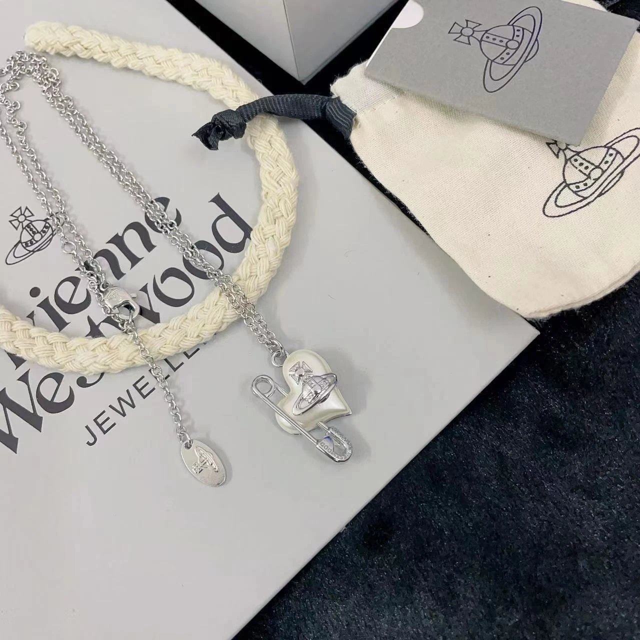 Vivienne Westwood Pearl Heart Safety Pin Necklace Silver
