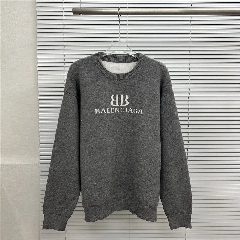 Balenciaga Logo Embroidered Black Gray Crewneck Sweater