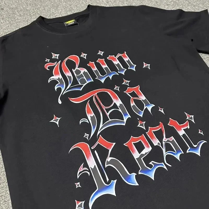 Black Graphic Tee Red Blue Gothic Print Streetwear T-Shirt