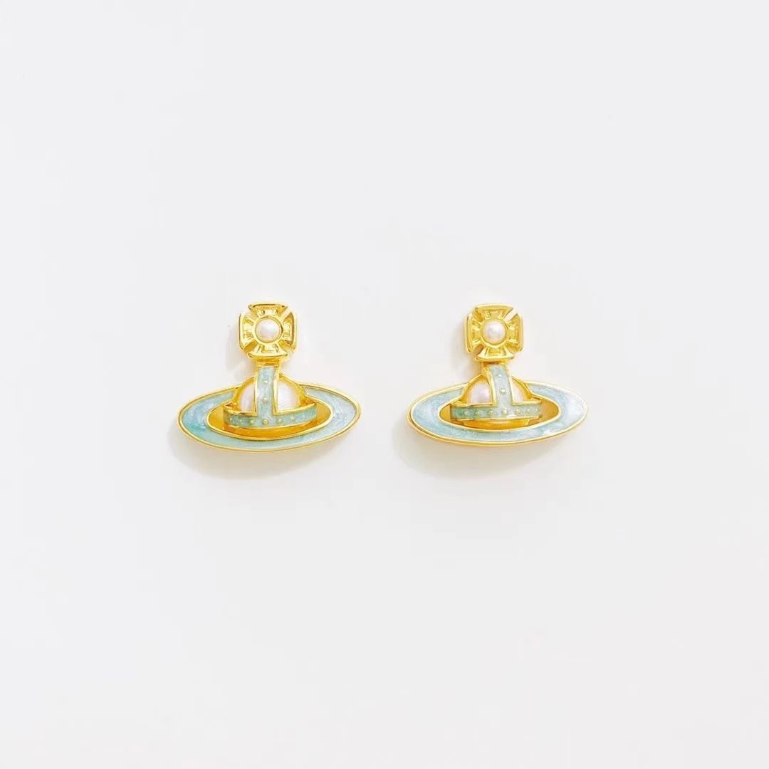 Vivienne Westwood Orb Gold Tone Mint Green Enamel Pearl Earrings