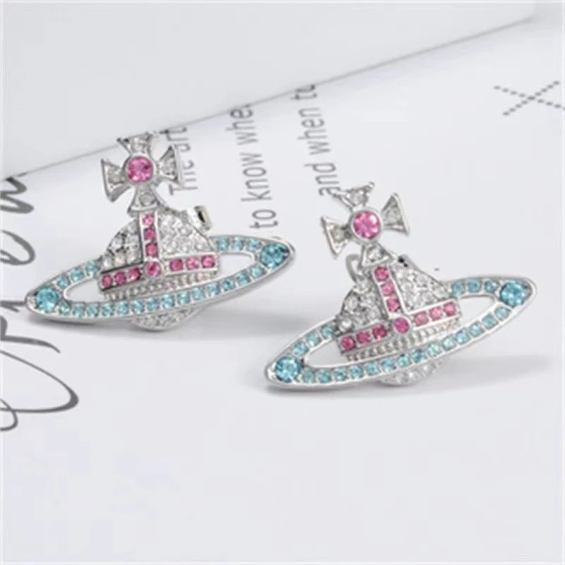 Vivienne Westwood Orb Gold Blue Pink Crystal Earrings