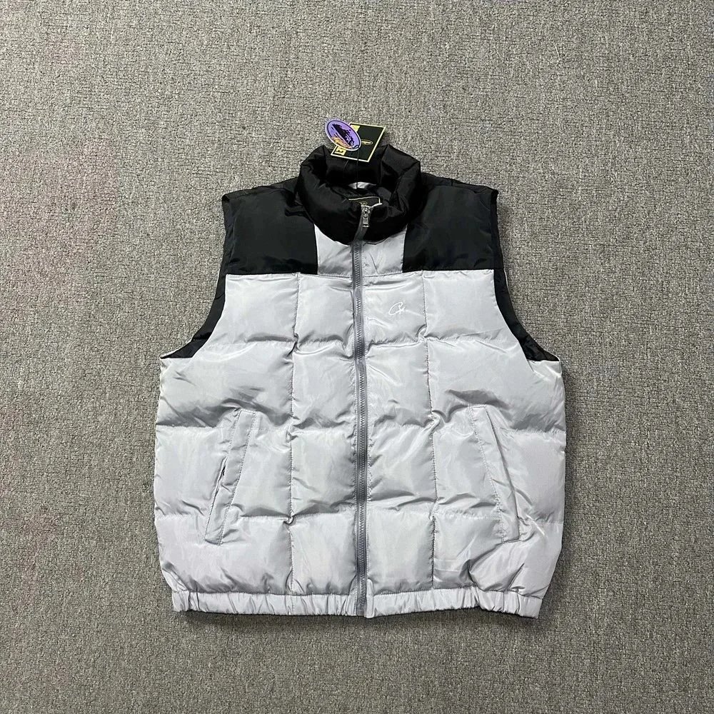 Puffer Vest Gray Black and Yellow Colorblock Quilted Sleeveless Jacket