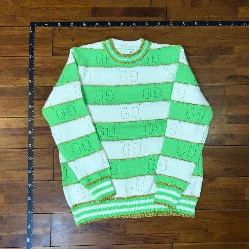 Knit Sweater Green White Striped Casual