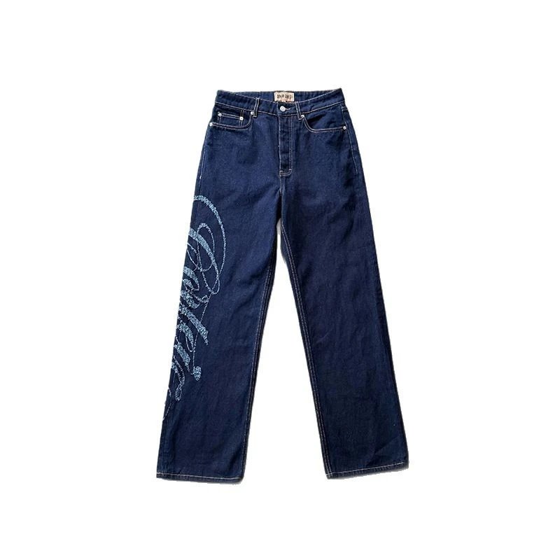 Denim Straight Leg Dark Blue Embroidered Jeans