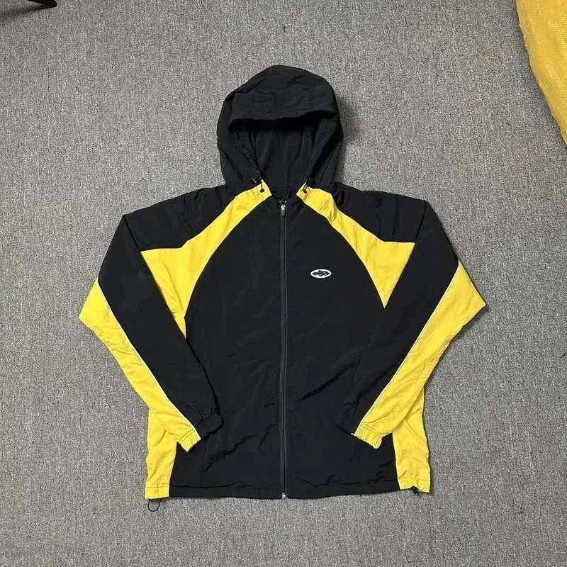 Black Yellow Panelled Hooded Windbreaker Set Sporty