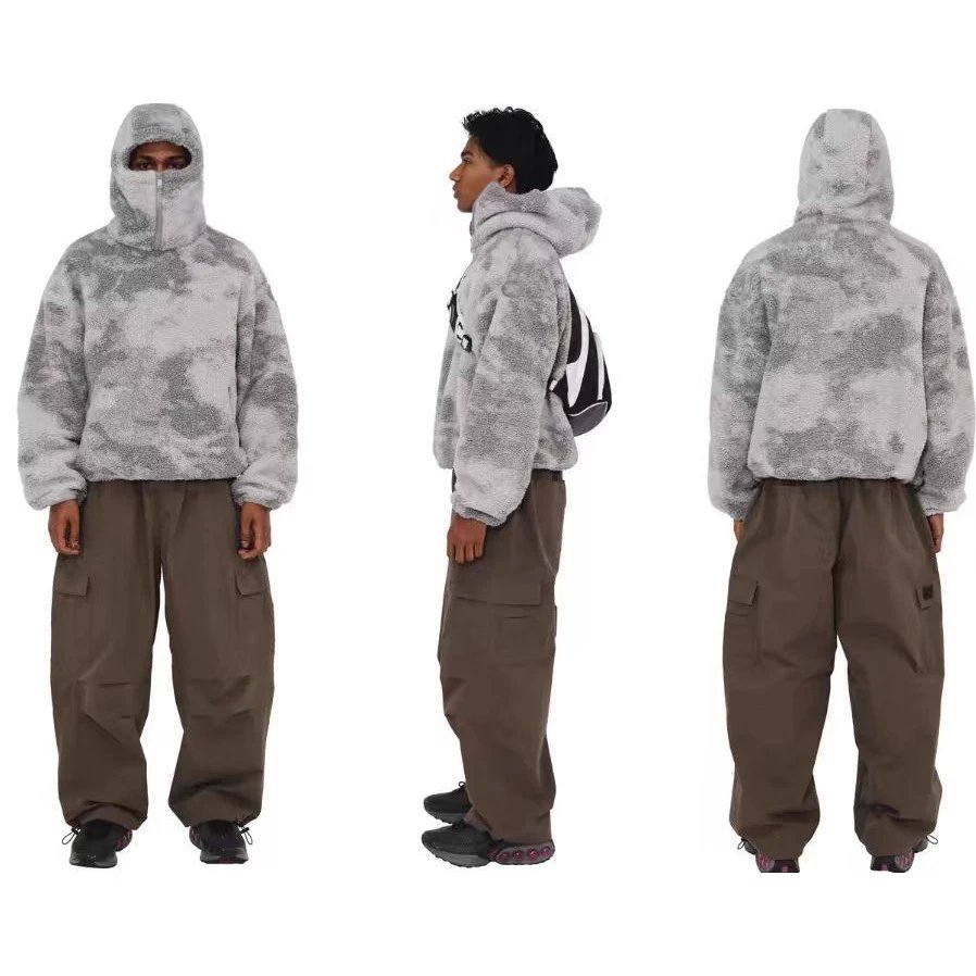 Fuzzy Tie-Dye Gray Hooded Sherpa Jacket