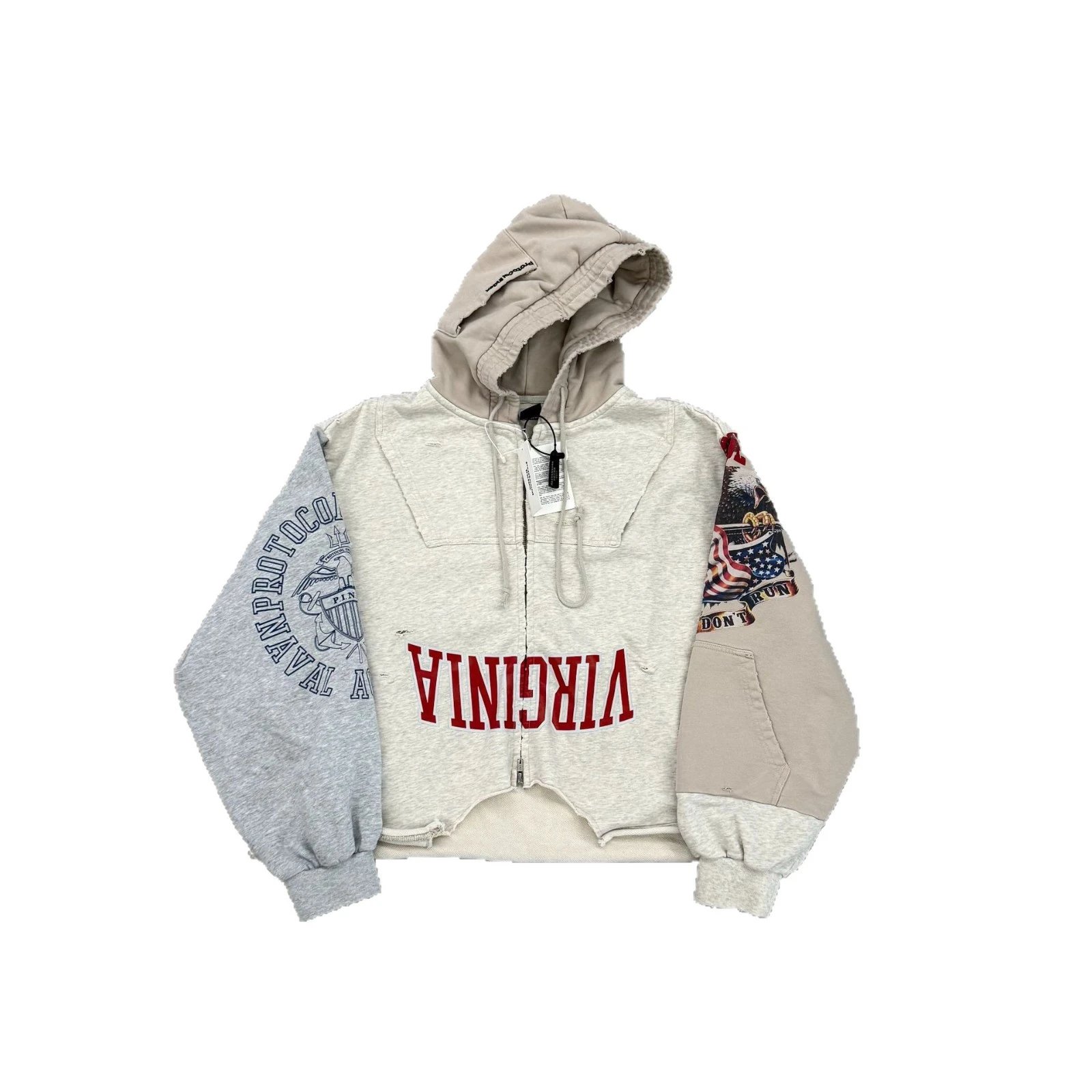 Virginia Hooded Zip-Up Gray Beige Patchwork Streetwear Sweatshirt