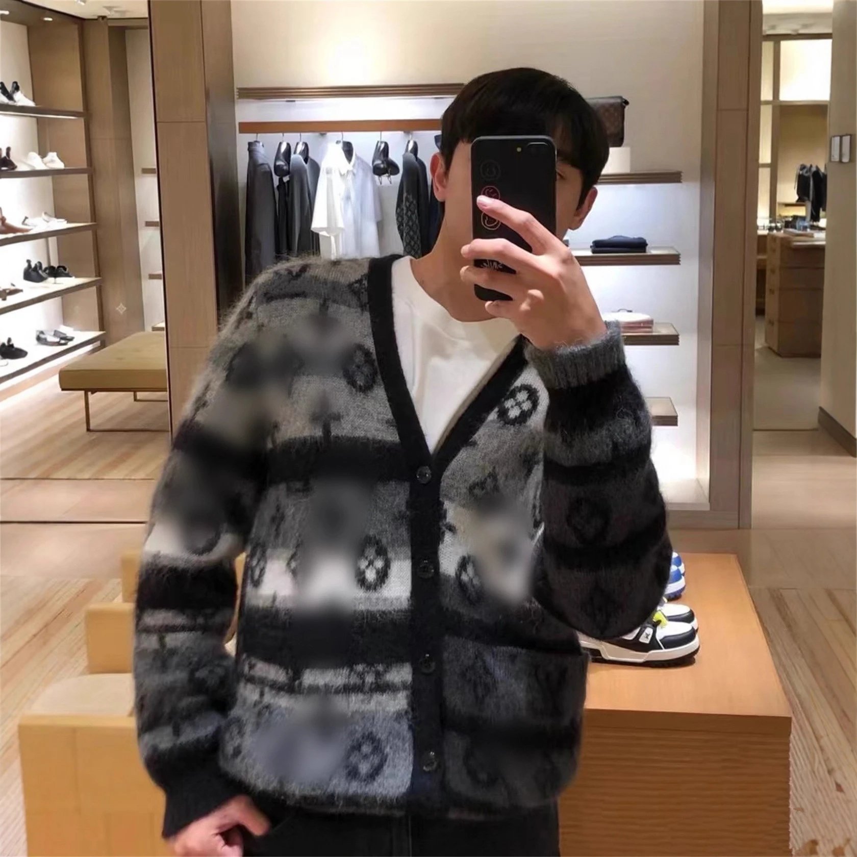 Louis Vuitton Monogram Gray Black Knit Cardigan Sweater