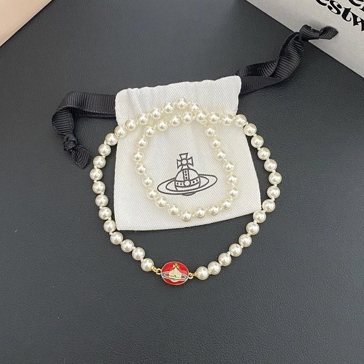 Vivienne Westwood Pearl White Red Orb Charm Necklace